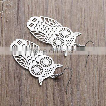 New Fashion Copper Filigree Stamping Earrings Ear Wire Hooks Halloween Owl Silver Tone Hollow 61mm x 26mm photo-3