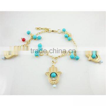 Fatima Hand Turquoise Beaded Bracelet Gold Chain Hollow Out Charm Bracelet