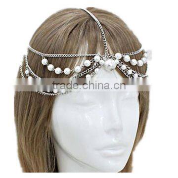 Multi Layer Silver Tone Pearl Beaded Wave Tassel Head Piece Hair Band Head Chain Jewelry