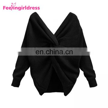 Long Sleeve Blouse Solid Black Backless Knitting Sweaters Knot Design