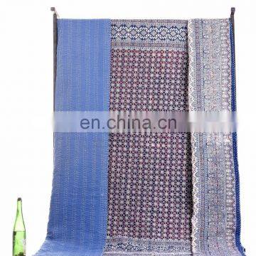 Indian Latest Indigo Blue Floral Quilt Cotton Vintage Ajrakh Kantha Throw Bedspread Blanket Ralli