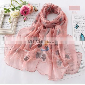 Lingshang new arrival silk scarf autumn and winter women's scarf solid color embroidery design chemical fiber long scarf