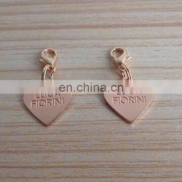 custom logo engraved rose gold plated heart shape metal zipper puller tag