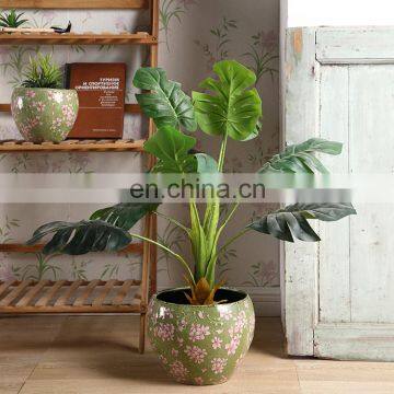 Factory direct sale custom cheap price indoor planters flower pattern green ceramic large flower pots for garden