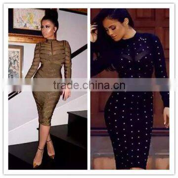 2016 women winter long sleeve dresss studded olive mesh high neck black pink gray bodycon knee-length bandage dress wholesale