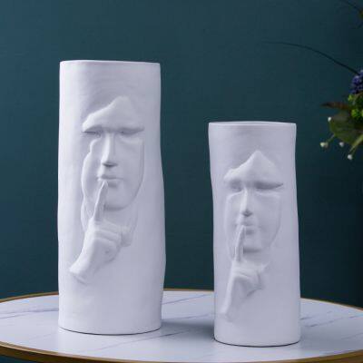 Human Face Slience Large Whtie Hand Made Ceramic Vase For Artificial Flower Decoration