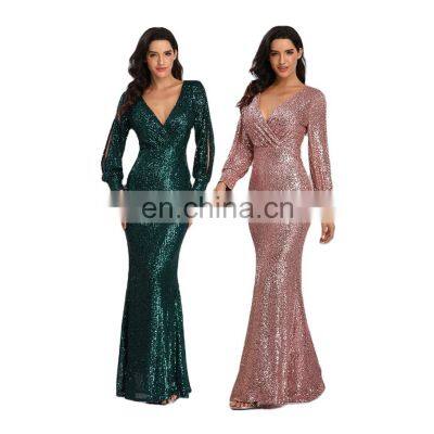 Women's Shinny Sequin Sexy V Neckline Full Sleeve Mermaid Evening Dress Sleeve Prom Gown Wedding Party