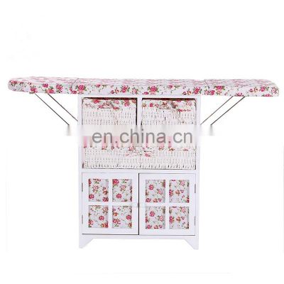 home furniture ironing board wooden cabinet with many wicker drawer