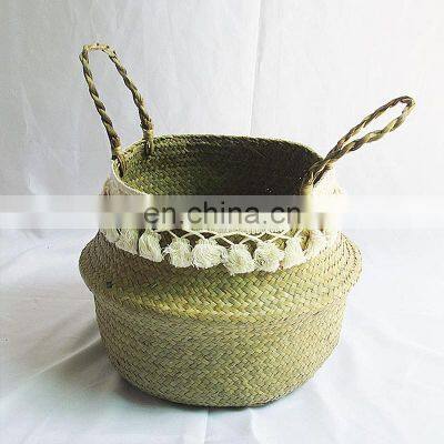 Natural Seagrass Storage Basket - Seagrass Belly Basket With White Tassel Foldable Woven PomPom Basket With Handle photo-2