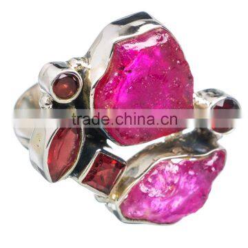 925 SOLID STERLING FINE SILVER ROUGH PINK QUARTZ & GARNET RING