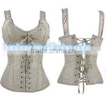 wholesale Junhou brand sexy corset top zipper brocade waist training cincher straps lace up body shaper