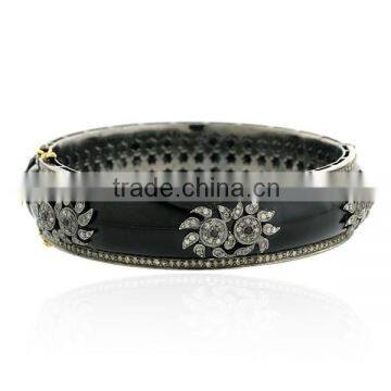 14K Yellow Gold Enamel Jewelry, Diamond Pave Black Enamel Bangle, Designer Bangle, 925 Silver Cuff Bangle Enamel Jewelry