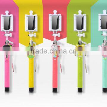 2015 Wholesale Lovely Cartoon Girl Design Portable Selfie Stick Wired Control