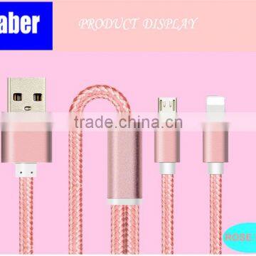 High quality Nylon Braided 2 in 1 usb cable for Android and IOS mobile phone