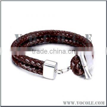 Braided leather high quality bracelet with silver link chain clasp