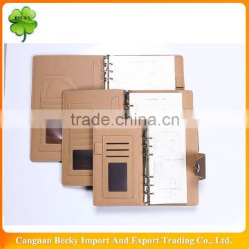 Wenzhou A6/A5/A4 6 rings clip binder bank promotional spiral embossed artificial brown leather jotter