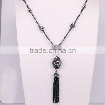 Pave Crystal Beads Hematite Beaded Necklace, Pave Rhinestone Gem Stone Tassel Pendant Necklace