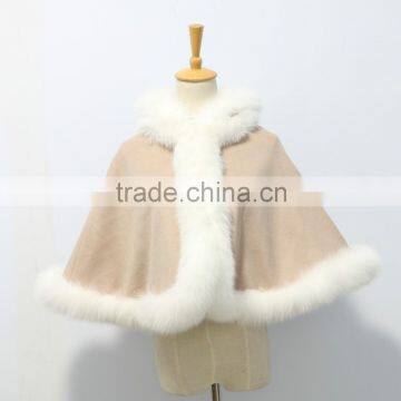 wholesale cashmere cape with fox fur trim for girls