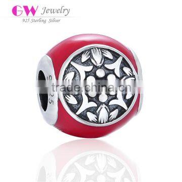 D188 lucky 925 enamel beads,silver red charms with oxide engraved logo for men