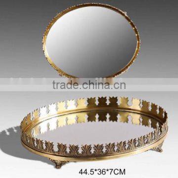 Unique Design Brass Round Tray With Mirror, Hand Engraved Bronze Serving Tea Tray Mouthed With Leaves Edge