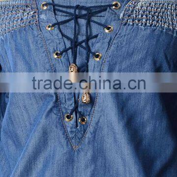 Latest Design off Shoulder Smocking Chambray Woman Tops photo-2