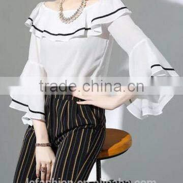2017 Wholesale Summer Women Big Round Neck Ruffle Sleeve Fashion Chiffon Blouse photo-2
