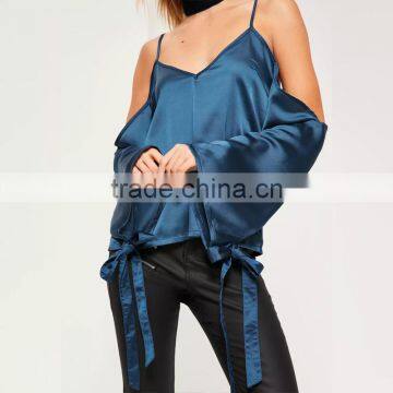 Stylish Sweet Girl Blouses Cold Shoulder Long Sleeve Satin Tops photo-6