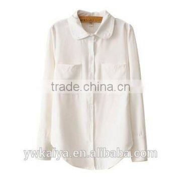 2015 round collar double chest pocket white chiffin women blouse