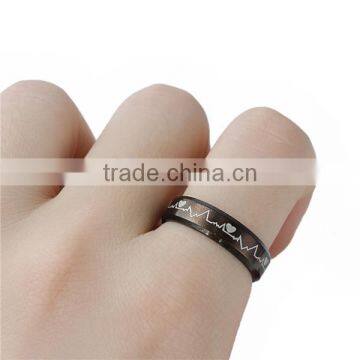 Titanium Steel Unadjustable Rings Black Heartbeat/ Electrocardiogram photo-3