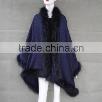 Wholesale Winter Fashion Ladies Cashmere Shawl Cape Lined Raccoon Fur Trim OEM Sevice