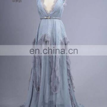 Unique Style ZZ-E0022 A-line See Through Irregular Skirt Chiffon Sleeveless Patterns Of Lace Evening Dress