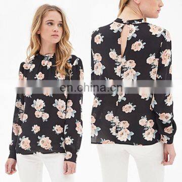 Women's Vintage Long Sleeve Flower Printed Black Chiffon Blouse