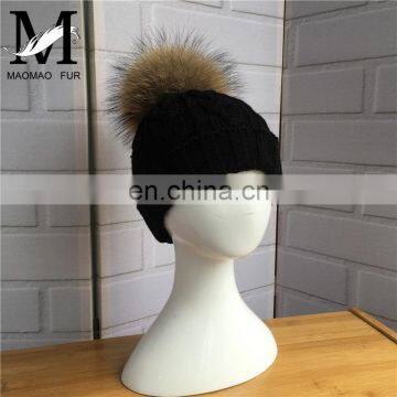 Wholesale Handmade Thick Warm Winter Hat With Natural Raccoon Fur Ball Knitting Baby Beanie photo-6