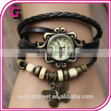 Ms retro hand-woven imitation leather bracelet watch fashion and colorful butterfly pendant quartz watch