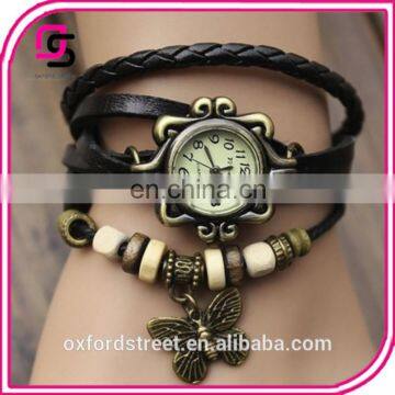 Ms Retro Hand-woven Imitation Leather Bracelet Watch Fashion and Colorful Butterfly Pendant Quartz Watch