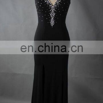 2016 Black Bead V Neck Side Split Sexu Back Open Evening Dress photo-2