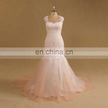 Gentle Blush Cap Sleeve Mermaid Lace Key Hole Back Wedding Dress