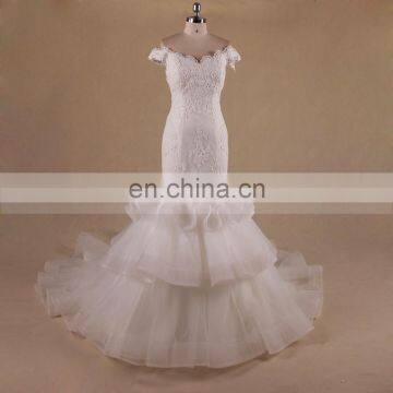 Elegant Mermaid Cap Sleeve Off Shoulder Tiered Chapel Train Ruffle Organza wedding dress