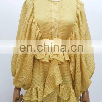 TWOTWINSTYLE Patchwork Ruffles O Neck Lantern Sleeve High Waist Sashes Dress Female