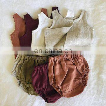 RTS Australia Hot Sale Baby Infant Linen 2pcs Set Buttons Vest Tops Solid Bloomers Korean Girls Linen Outfits photo-2