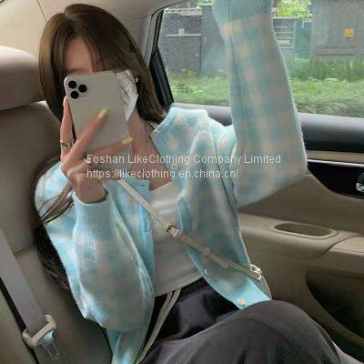 Soft Cream Blue Plaid Sweater Female Sweet Sen is Super Fairy Versatile Foreign Style Cardigan New Vibe Sweater
