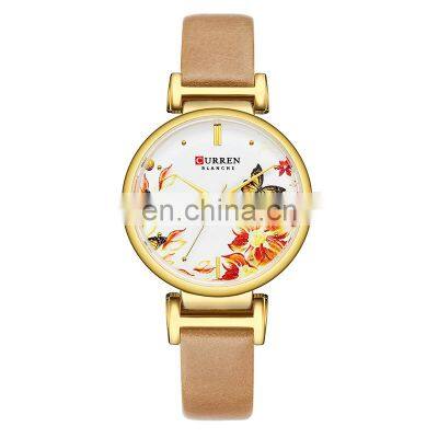 CURREN 9053 Women Charm Fashion Thin Quartz Watches Unique Flower Dial Simple Ladies Dress Bracelet Wristwatch