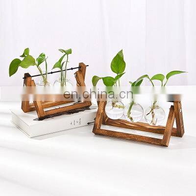 Wholesale Nordic Handmade Rectangle Shape Wood Hydroponics Flower Pot Bulb Glass VaseTerrariums For Air Planter photo-3