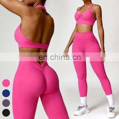 Wholesale Quick Dry Fitness Clothing Custom Women Workout Wear Sports Bra Pocket Leggings 2 Piece Yoga Set Gym Fitness Sets