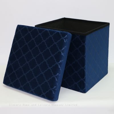 Foldable storage pressed velvet ottoman-Blue