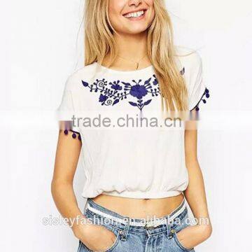 Fashion girl's blue floral Embroidery crop blouse sweet white short sleeve shirts casual slim cute short blouse B035