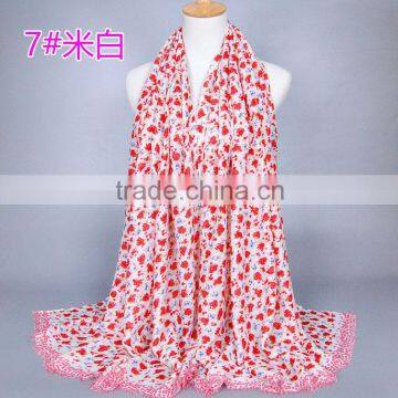 2016 New Trendy Muslim Women Small Red Flower Print Scarf with Tassels Veil Hijab