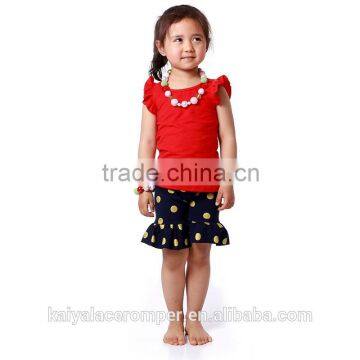 2016 Wholesale Boutique outfit baby girl red t shirt+gold dot ruffle pants kids clothing set toddler fashion style