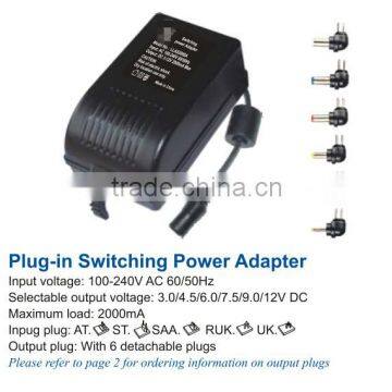 PLUG-IN AC/DC ADAPTER 2000mA with SAA UK input plug switching supply