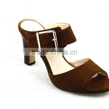 XG97 Women Sandal Brown Shuede Fabric Buckle Block High Heel Women sandal in Summer